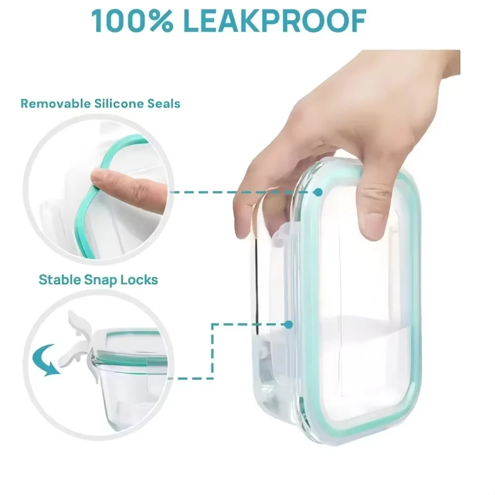 Glass Meal Prep Containers Lunch Box, Food Storage Containers with Locking Lids, Airtight Bento Box, Microwave Oven, Dishwasher