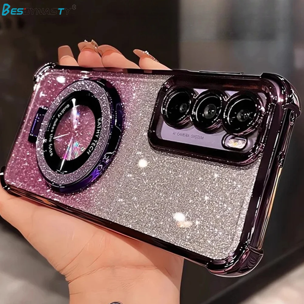 Glitter Bracket Case for Samsung Galaxy S26 Ultra S25 FE S24 S22 S23 Plus Note 20 Ultra Magnetic Stand Clear Gradient Soft Cover