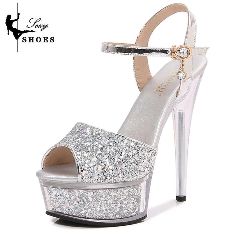 Glitter Sequin Champagne Shoes Platform Heels Super High Heel Party Wedding Banquet Women's Sandals Open Toe Clear Heel Stiletto