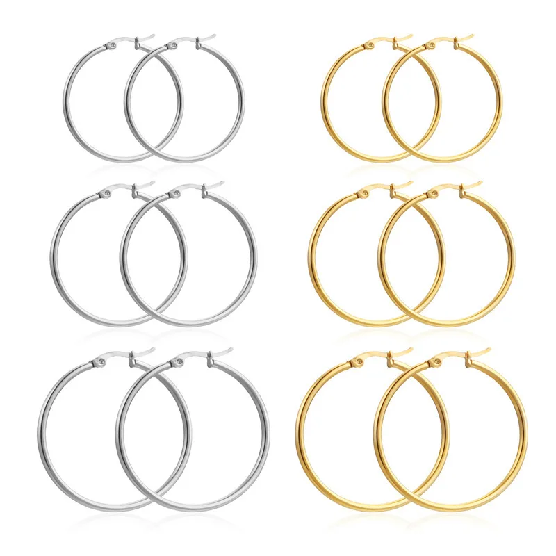 Gold Color Stainless Steel Hoop Earrings For Women Men Big/Small Circle Round Ear Jewelry Bijoux Acier Inoxidable E18110