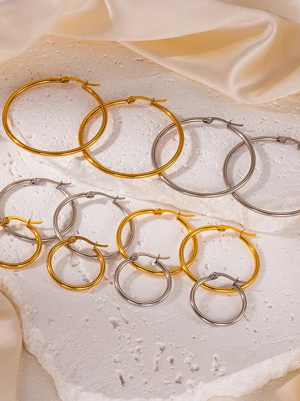 Gold Color Stainless Steel Hoop Earrings For Women Men Big/Small Circle Round Ear Jewelry Bijoux Acier Inoxidable E18110