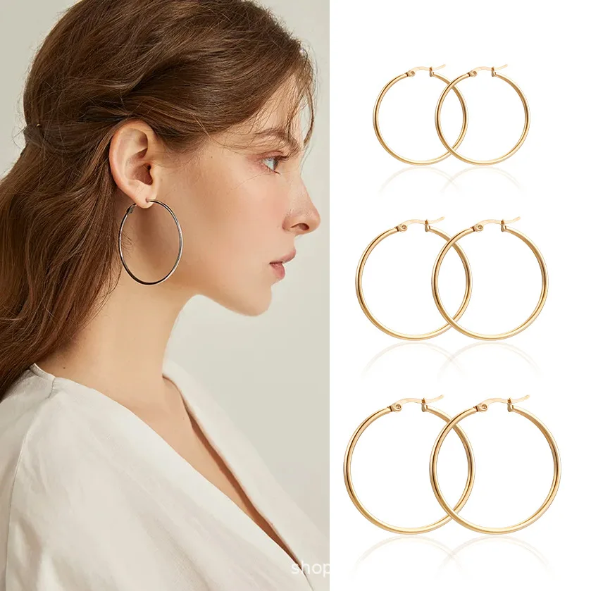 Gold Color Stainless Steel Hoop Earrings For Women Men Big/Small Circle Round Ear Jewelry Bijoux Acier Inoxidable E18110