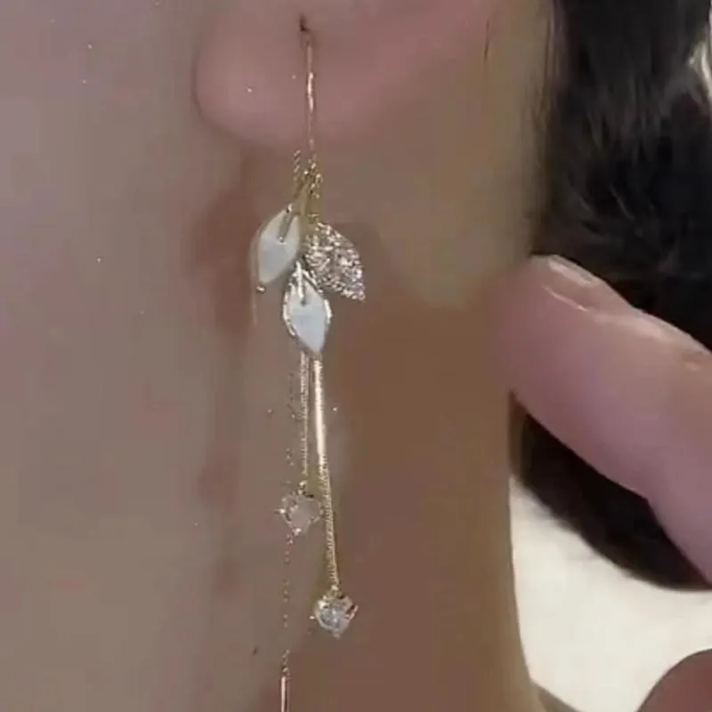 Gold Plated Crystal Leaf Tassel Drop Earrings for Women Shiny Zircon Flower Dangle Earring Wedding Party Jewelry Gift Y2k