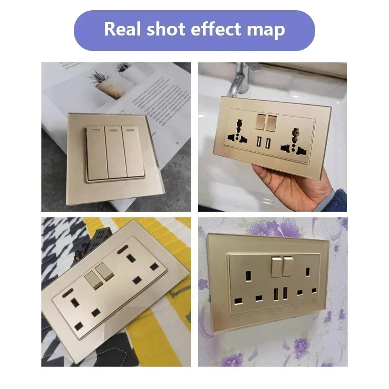 Gold Universal Tempered Glass Wall Socket,UK 13A power outlet with USB Type C 18W Quick Charge,Home Light Electric Switch Panel