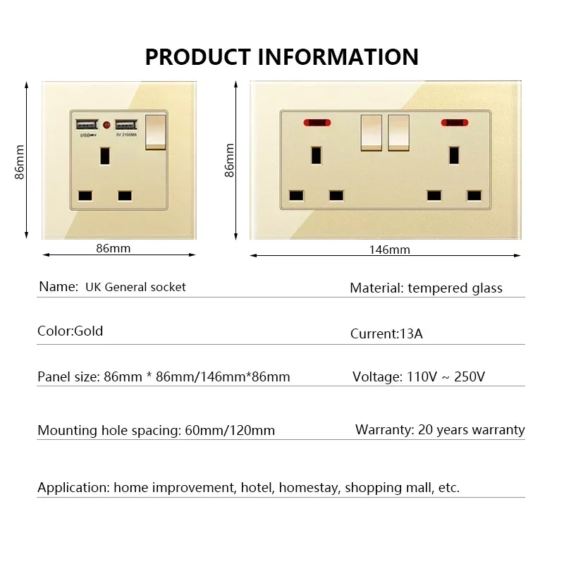 Gold Universal Tempered Glass Wall Socket,UK 13A power outlet with USB Type C 18W Quick Charge,Home Light Electric Switch Panel