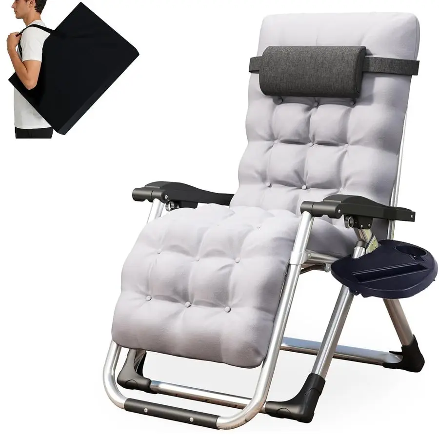 Gravity Reclining Sun Lounger Chair with 10cm Thick Removable Cushion amp Cup Holder amp Bag Foldable Recliner Garden Chair for