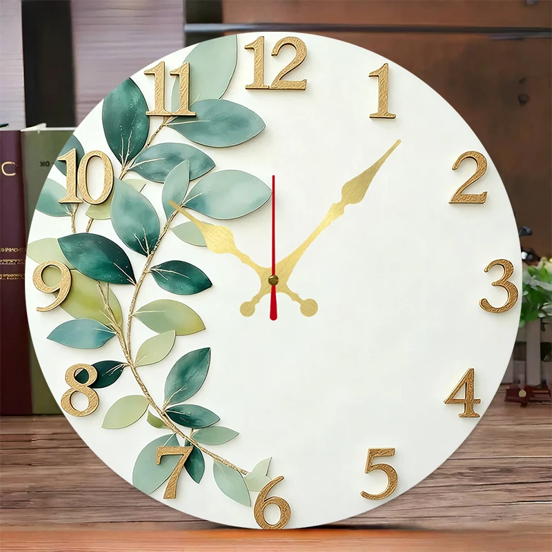 Green Leaf Theme Wooden Round Silent Hanging Wall Clock, Suitable For Living Room, Office, Study Room, Bedroom, Home Decoration
