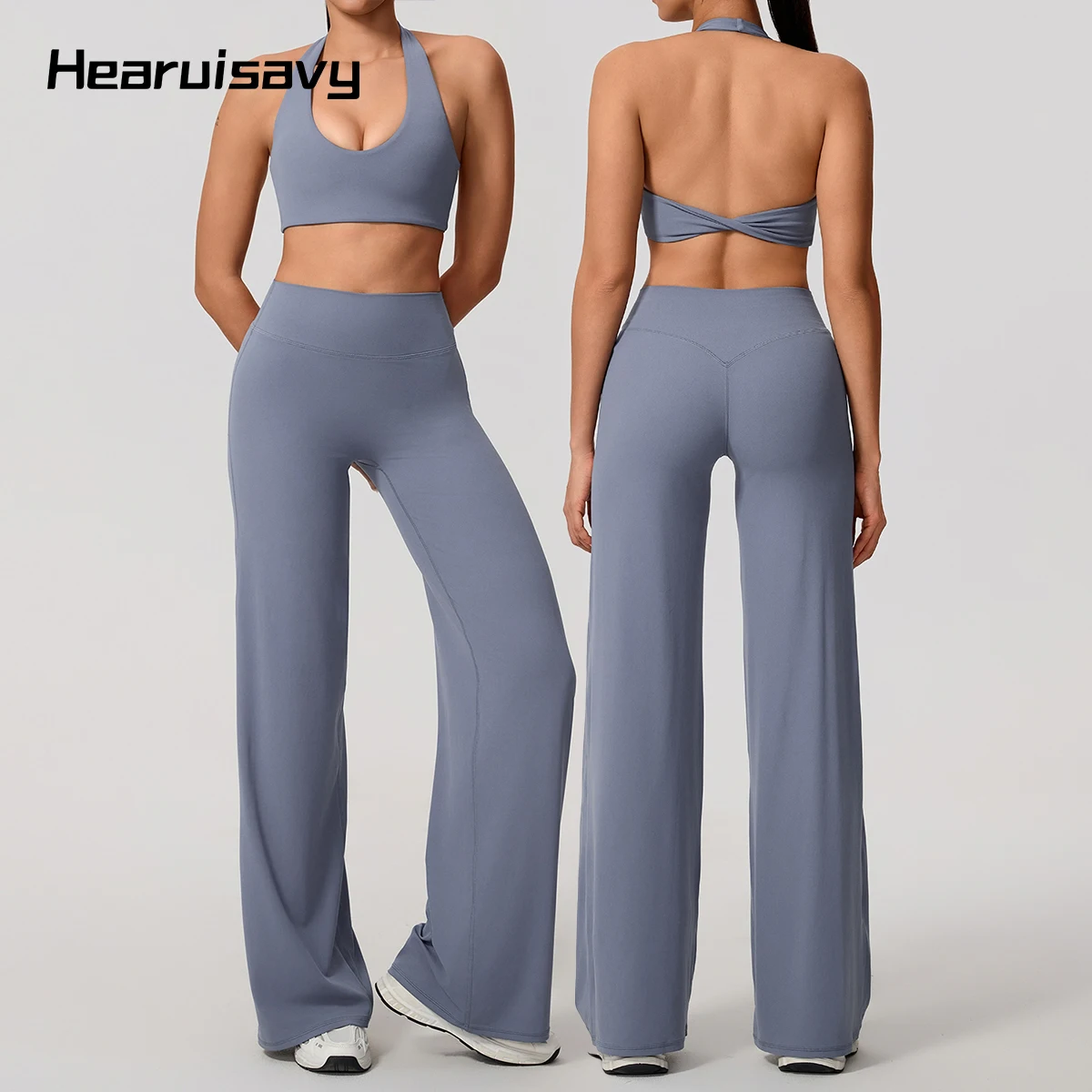 Hearuisavy Summer Yoga Set 2Pcs Women Breathable Backless Halter-Neck Sports Bra Push Up Pilates Fitness Top Straight Leg Pants