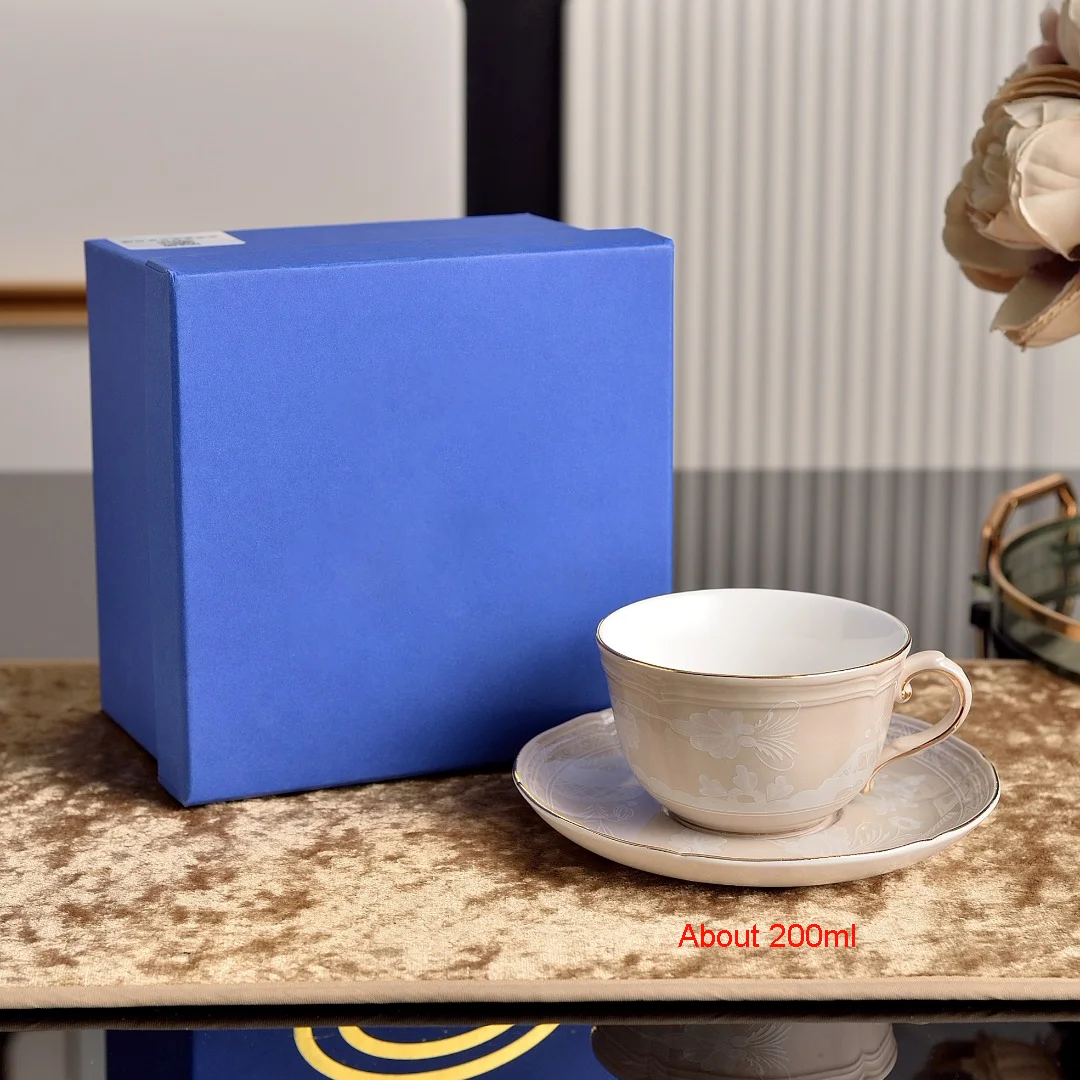 High-end Oriental Series Coffee Cup and Saucer Ceramic Mug Pink Yellow Blue Green Printed Plates Tea Cup Set Gift Box Souvenir