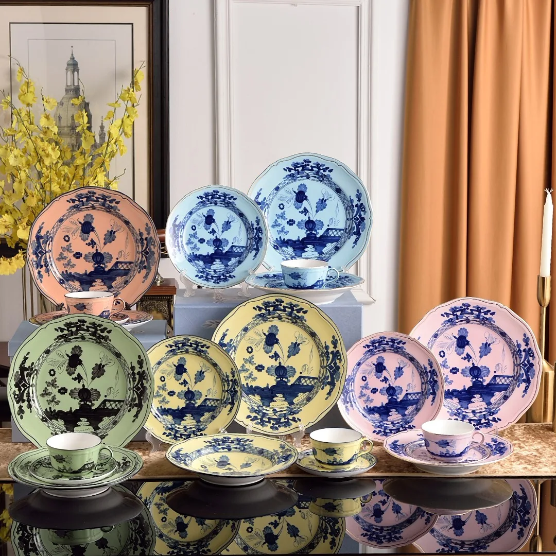 High-end Oriental Series Coffee Cup and Saucer Ceramic Mug Pink Yellow Blue Green Printed Plates Tea Cup Set Gift Box Souvenir