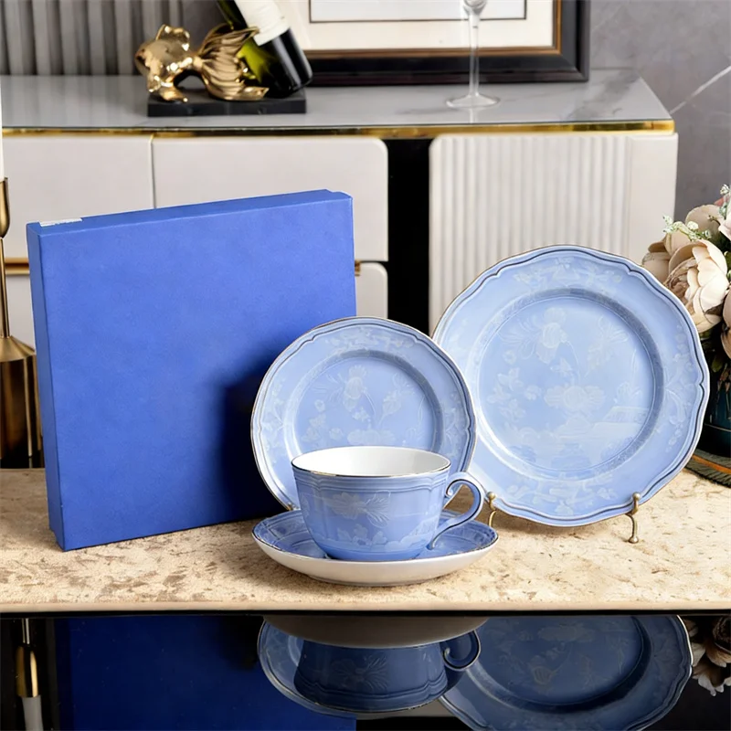 High-end Oriental Series Coffee Cup and Saucer Ceramic Mug Pink Yellow Blue Green Printed Plates Tea Cup Set Gift Box Souvenir