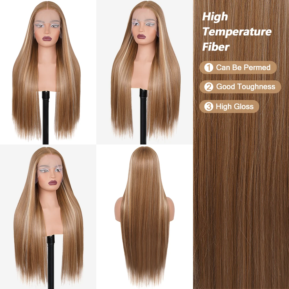 Highlight Brown Mix Blonde 13x4 HD Synthetic Lace Front Wigs Pre-Plucked Long Straight HD Lace Wigs For Women Daily Party Use