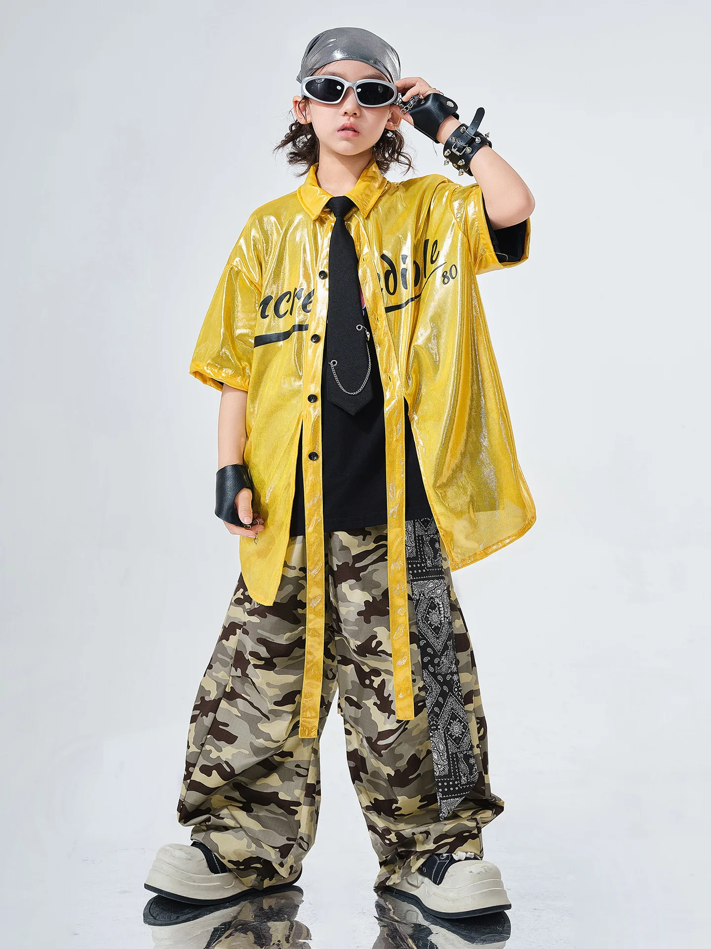 Hip Hop Boys Bright Shiny Shirt Camouflage Pants Girls K-pop Streetwear Children Street Dance Costumes Kids Jazz Clothes Sets