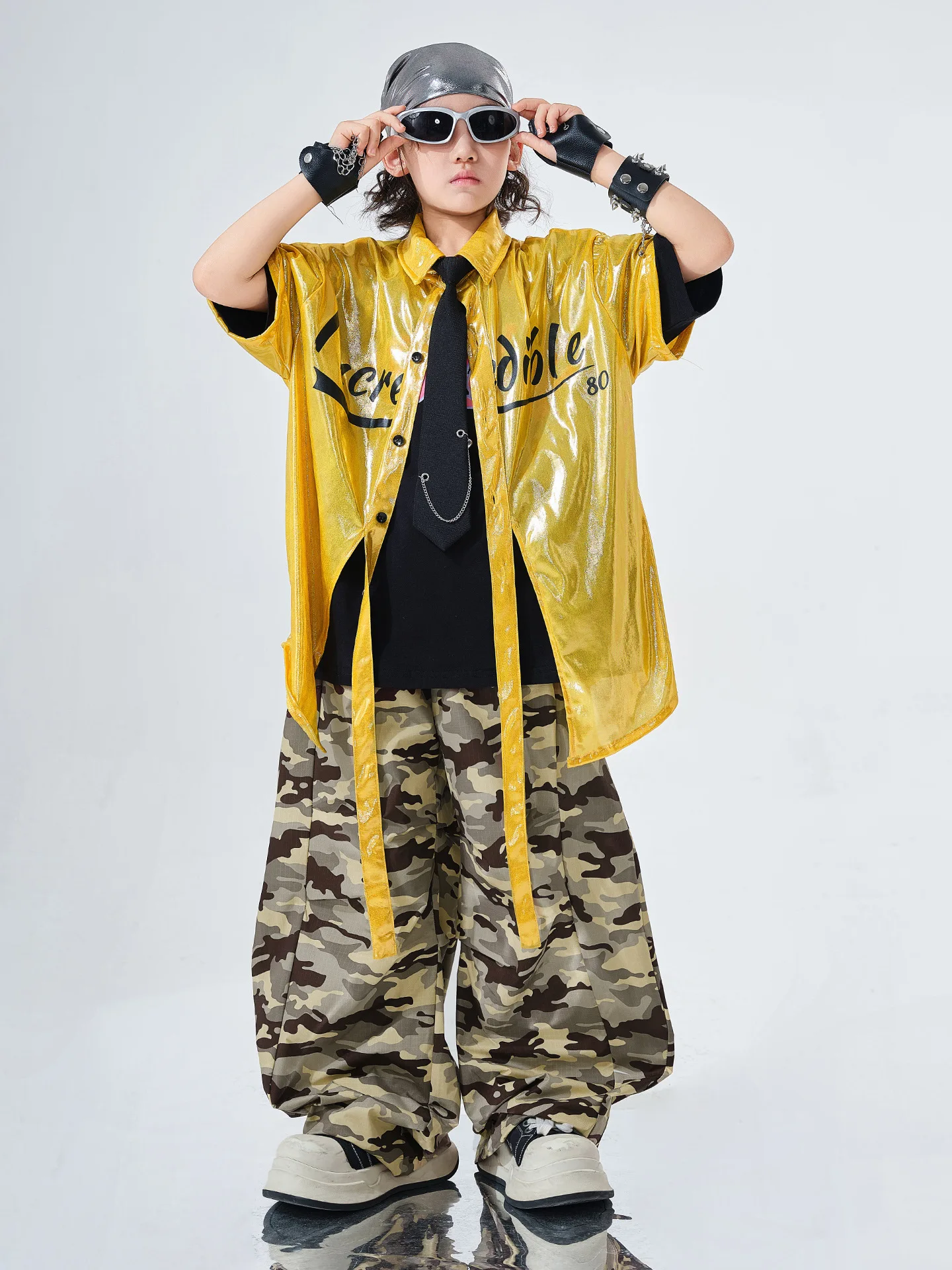 Hip Hop Boys Bright Shiny Shirt Camouflage Pants Girls K-pop Streetwear Children Street Dance Costumes Kids Jazz Clothes Sets