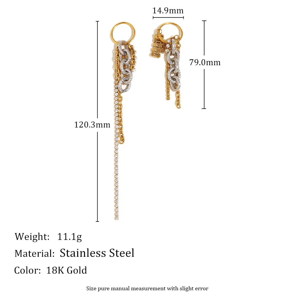 Hiphop Multi Chain Chunky Metal Tassels Dangle Earrings Small Circle Huggie Ear Hoop Sparkle Zircon Mix Color Statement Jewelry