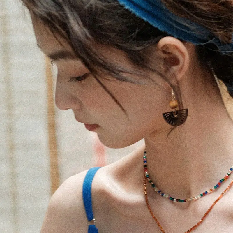 Hollow Out Flower Vintage Wooden Earrings African Women Jewelry Geometric Fan Shape Design Gifts Wholesale