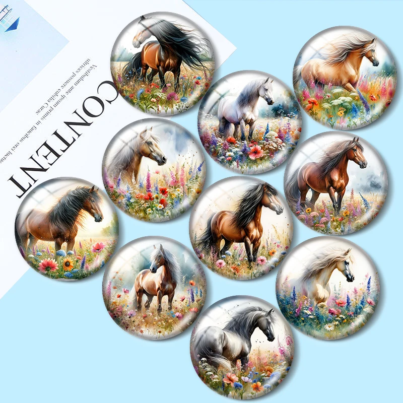 Horse in Wildflowers 10pcs 12mm/18mm/20mm/25mm Round photo glass cabochon flat back Making findings for bracelets