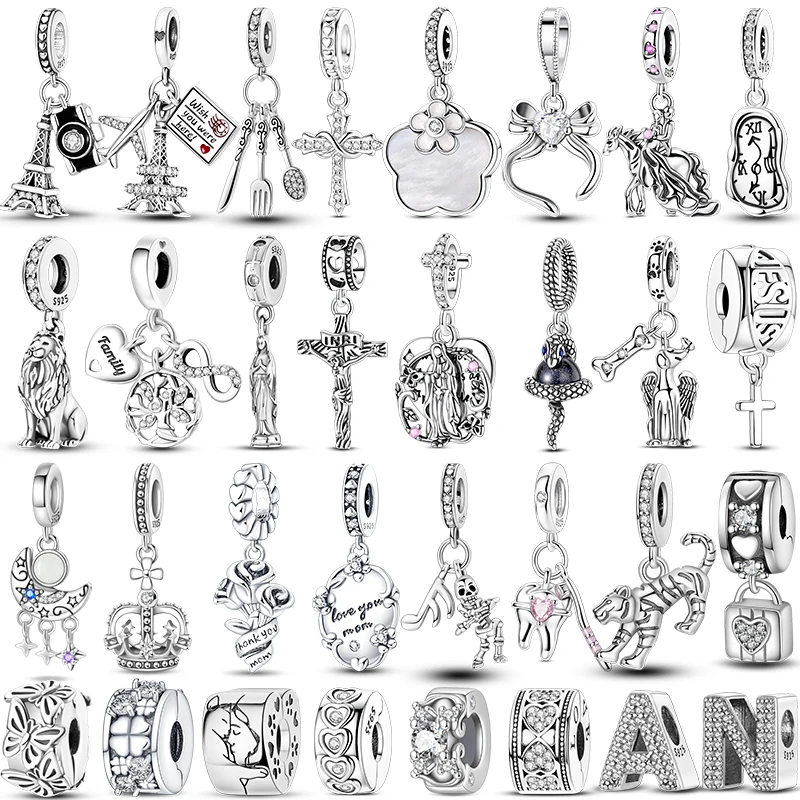 Hot Sale Charms Beads 925 Sterling Silver Color Bow Cross Life Tree Beads Fit DIY Original Bangle Bracelet Charm Pendant Jewelry