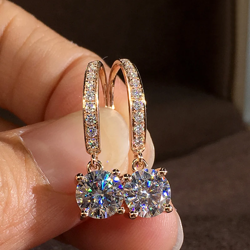 Huitan Timeless Style Women's Dangle Earrings Luxury Rose Gold Color Ear Piercing Drop Earrings with CZ Wedding Eternity Jewelry