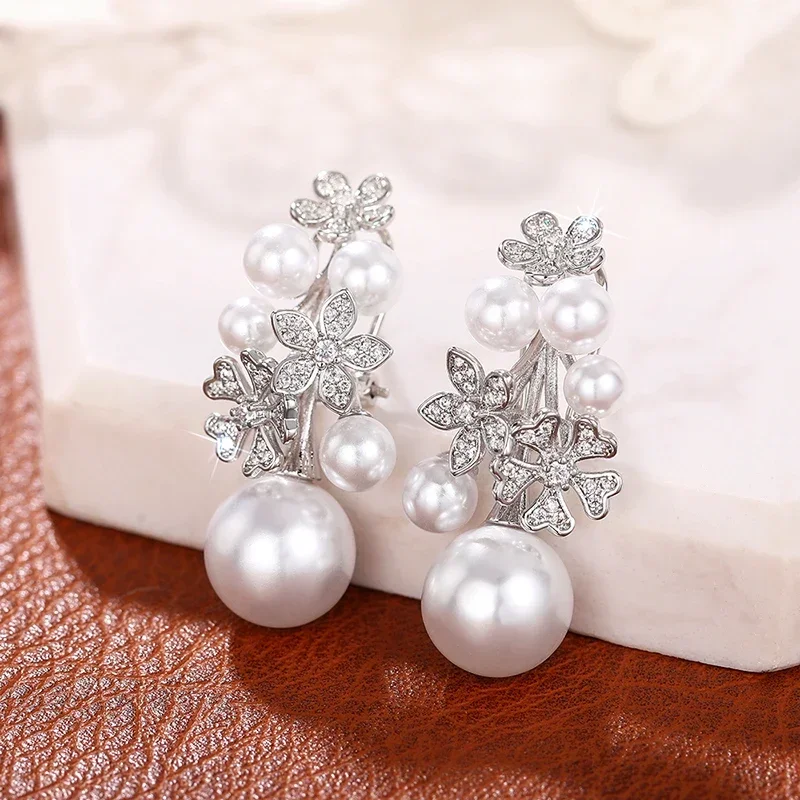 Huitan Trendy Simulated Pearl Women Drop Earrings Inlaid Sparkling CZ Flower Design Charming Party Daily Accessories Jewelry