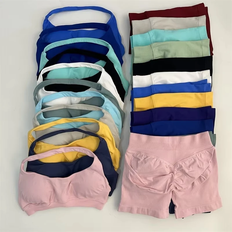 Impact Womens 2 Piece Halter Neck Sports Bra and Scrunch Shorts Set Seamless Yoga Workout Outfit for Gym Fitness Training