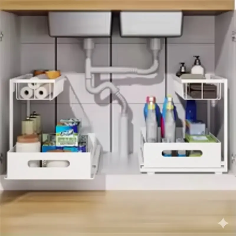 Innovative Multi-Purpose Under Sink 2 Tier Sliding Cabinet Basket Organizer Drawer Pull Out Cabinet Sink Storage Solution