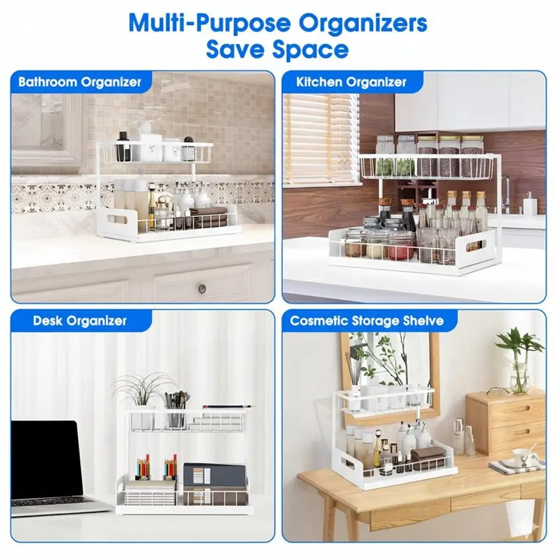 Innovative Multi-Purpose Under Sink 2 Tier Sliding Cabinet Basket Organizer Drawer Pull Out Cabinet Sink Storage Solution