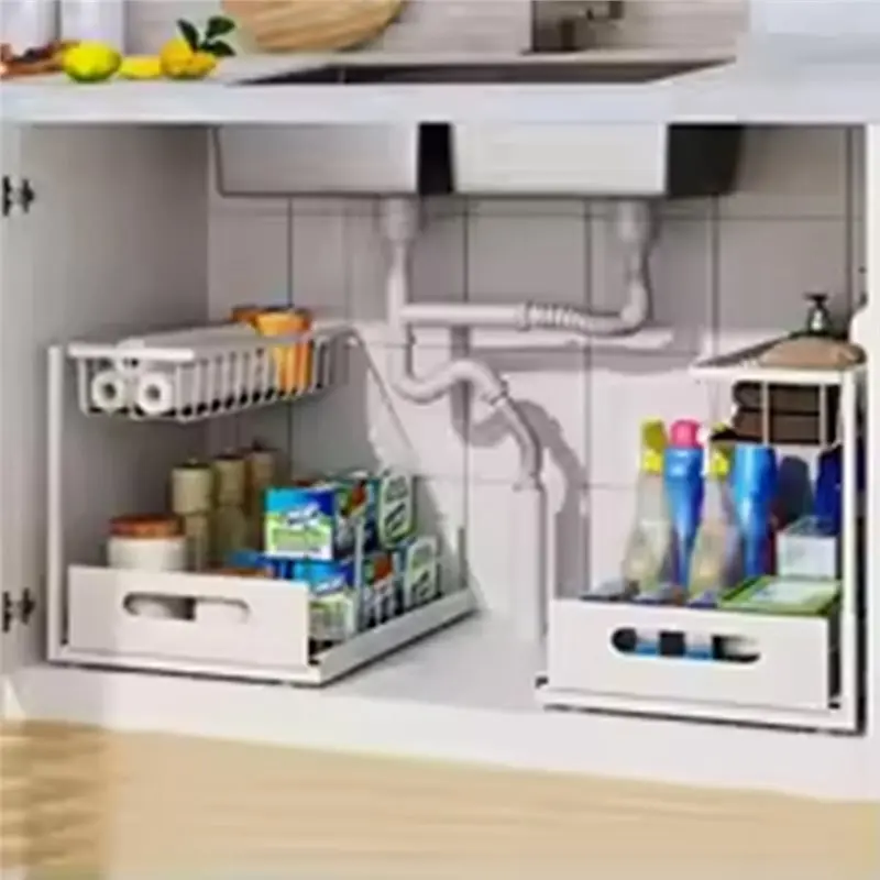 Innovative Multi-Purpose Under Sink 2 Tier Sliding Cabinet Basket Organizer Drawer Pull Out Cabinet Sink Storage Solution