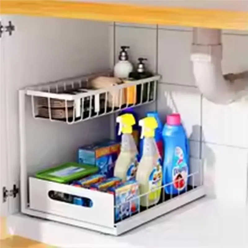 Innovative Multi-Purpose Under Sink 2 Tier Sliding Cabinet Basket Organizer Drawer Pull Out Cabinet Sink Storage Solution