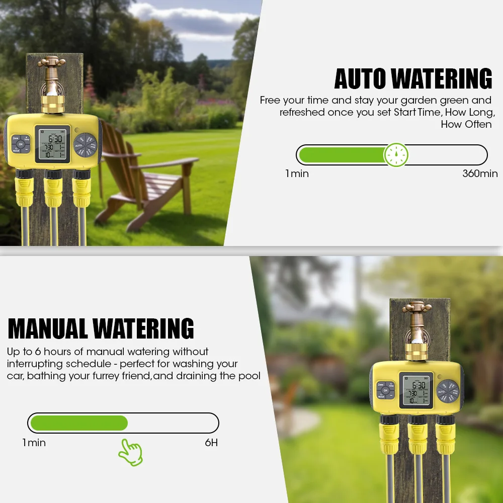 Insoma 3-Outlet Automatic Water Timer Garden Irrigation Watering System Independent Control Sprinkler Programmer Tools