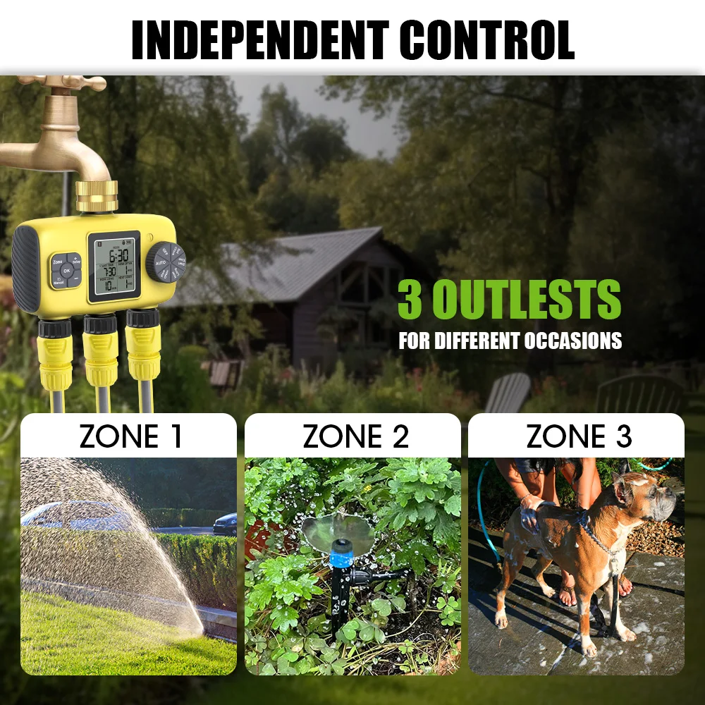 Insoma 3-Outlet Automatic Water Timer Garden Irrigation Watering System Independent Control Sprinkler Programmer Tools