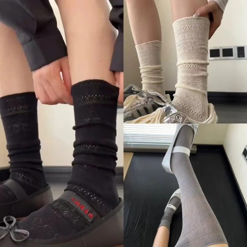 JK Sweet White Pile Socks for Women Mesh Hollowed Out Thin Nylon Silk Retro Flower Lace Socks Ladies Transparent Crew Socks