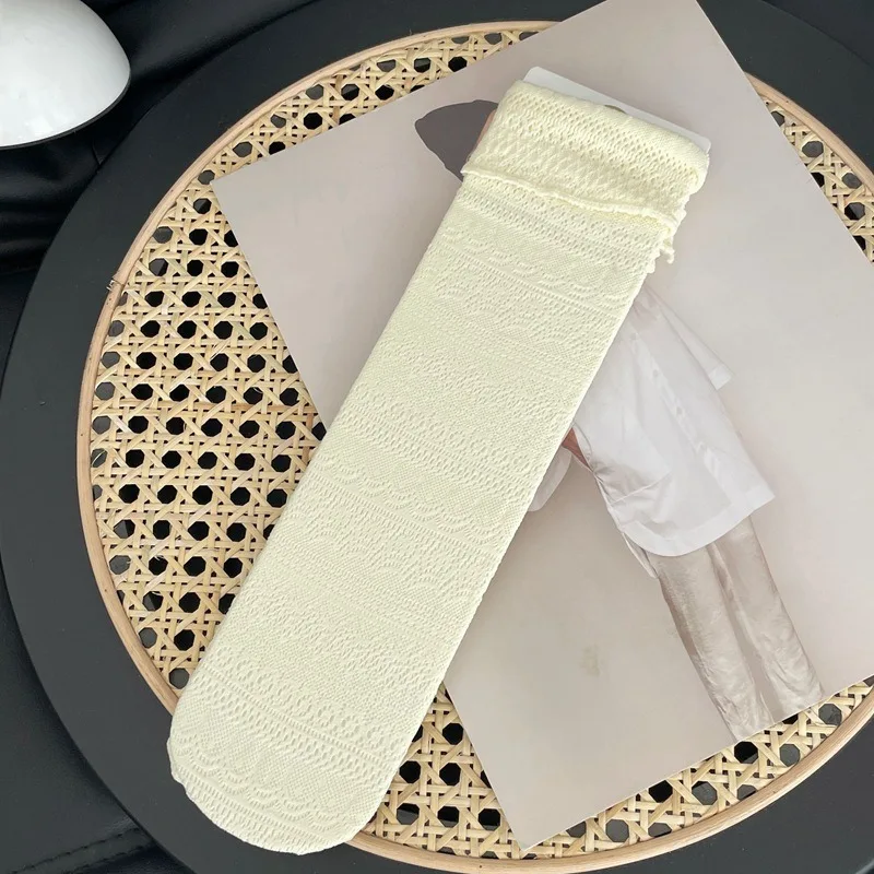 JK Sweet White Pile Socks for Women Mesh Hollowed Out Thin Nylon Silk Retro Flower Lace Socks Ladies Transparent Crew Socks