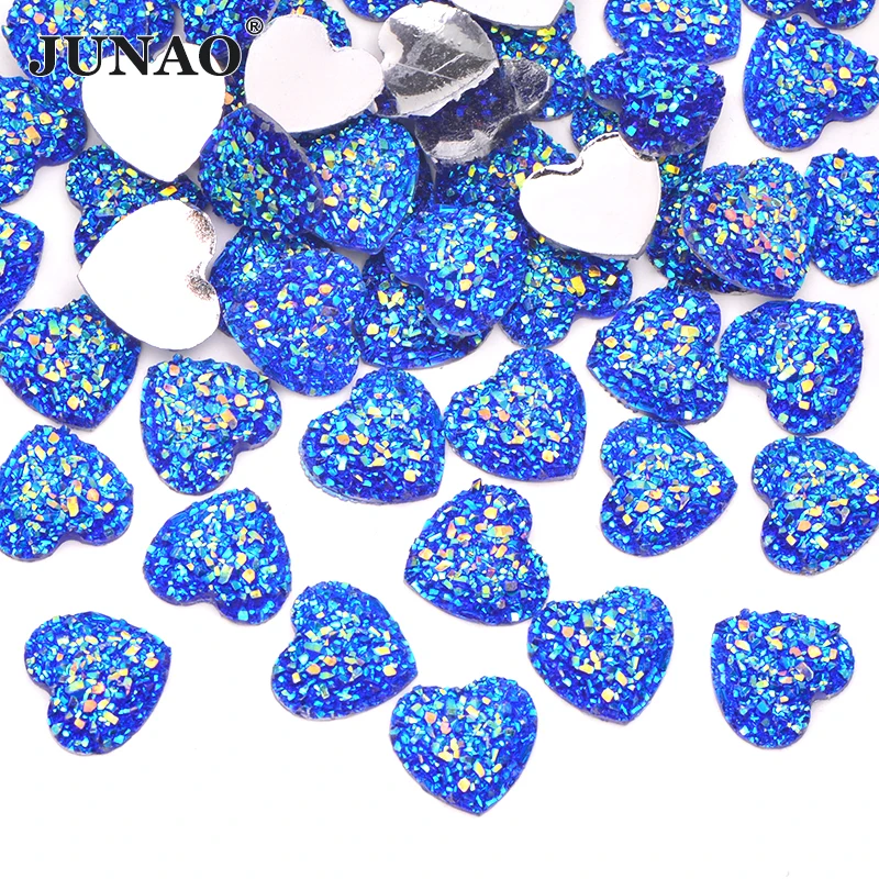 JUNAO 12mm 100pcs Glitter Pink AB Heart Rhinestones Flatback Resin Crystal Stone Non Sewn Diamond Strass Applique for DIY Crafts