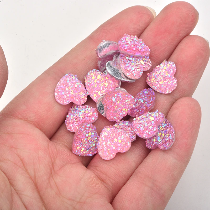 JUNAO 12mm 100pcs Glitter Pink AB Heart Rhinestones Flatback Resin Crystal Stone Non Sewn Diamond Strass Applique for DIY Crafts