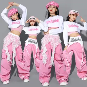 Jazz Dance Clothes For Girls Kpop Outfit Hip Hop Performance Wear Pink Shuffle Pants Kid Street Dance Show Fashion Suit