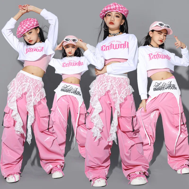 Jazz Dance Clothes For Girls Kpop Outfit Hip Hop Performance Wear Pink Shuffle Pants Kid Street Dance Show Fashion Suit
