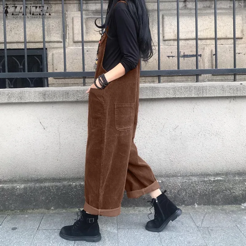 Kaftan Corduroy Overalls Women's Spring Jumpsuits ZANZEA 2025 Casual Suspender Harem Pants Female Solid Rompers Femme Oversize