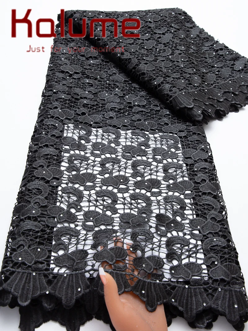 Kalume Black Nigerian Cord Guipure Lace Fabric 2026 High Quality 5 Yards Knitted African Water Soluble Lace Fabric for Sewing