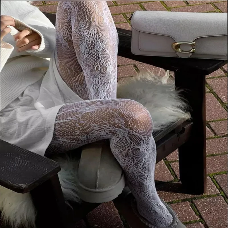 Kave High Elastic Black Hollowed Lace Fishnet Patterned Tights for Women Soft Nylon Solid Color Sweet Panyhose Toe Reinforcement