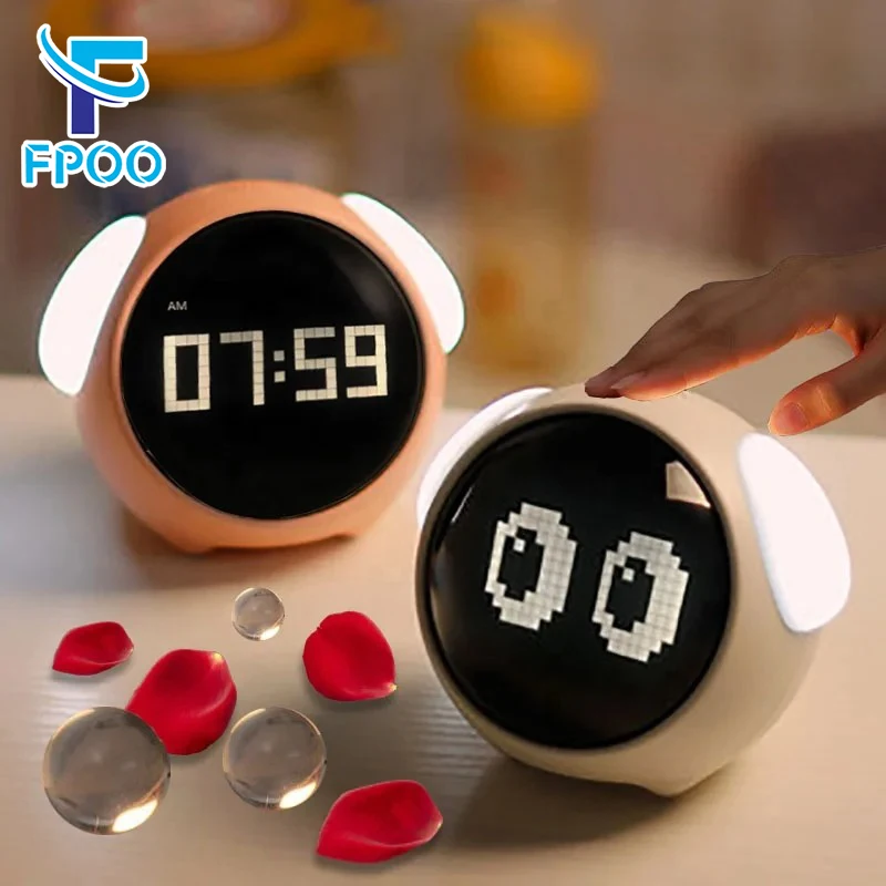 Kids Digital Alarm Clock with Cute Expression Snooze Feature Voice Control LED Light Child-Friendly Intelligence Alarm Clock