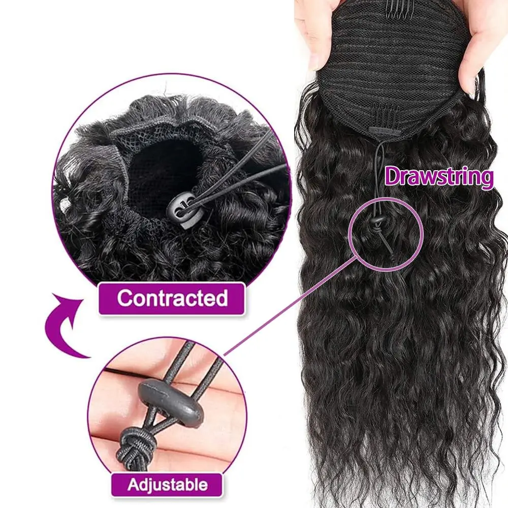 Kinky Curly Human Hair Ponytail Extensions Newmi 3b 3c Curly Hair Drawstring Ponytail Hair Pieces for Women Natural Black