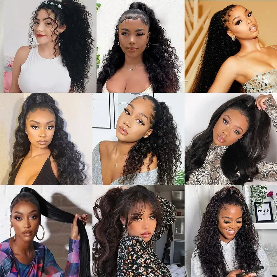 Kinky Curly Human Hair Ponytail Extensions Newmi 3b 3c Curly Hair Drawstring Ponytail Hair Pieces for Women Natural Black