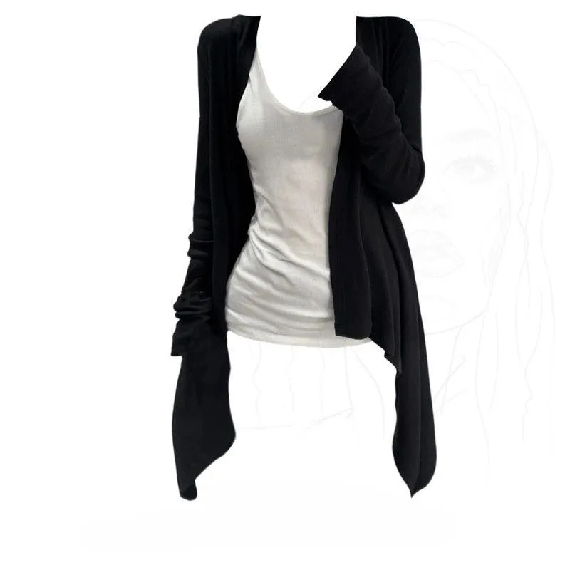 Korean Irregular Black Cardigan Two Piece Sets Style Women's Vest Y2k 2025 Long Sleeve Loose Knitted Tops Pull Femme