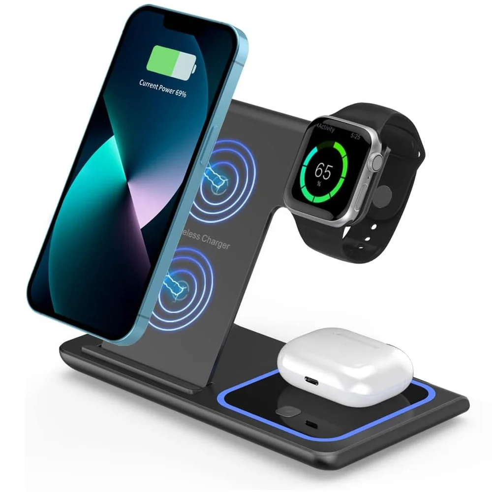 LED Fast Wireless Charger Stand 3 in 1 Foldable Charging Station For iPhone17/16/15/14Apple Watch 9 8 7 6 5 Airpods Pro