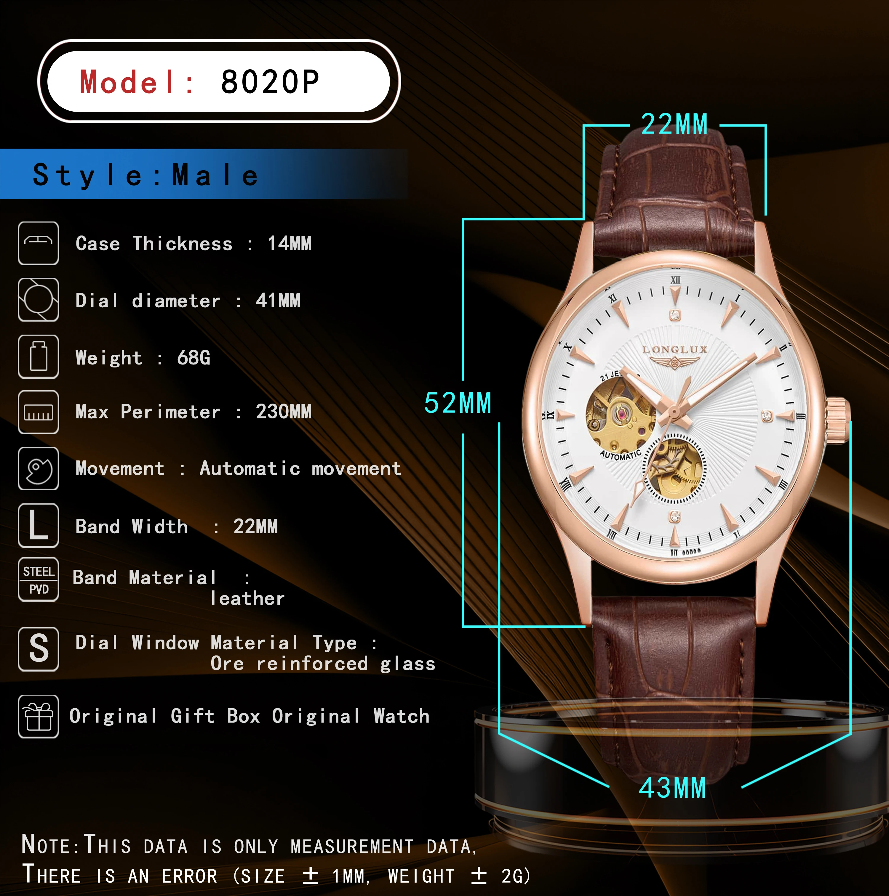 LONGLUX automatic watch elegant style wholesale mechanical wristwatches skeleton rome waterproof mens watch men gift