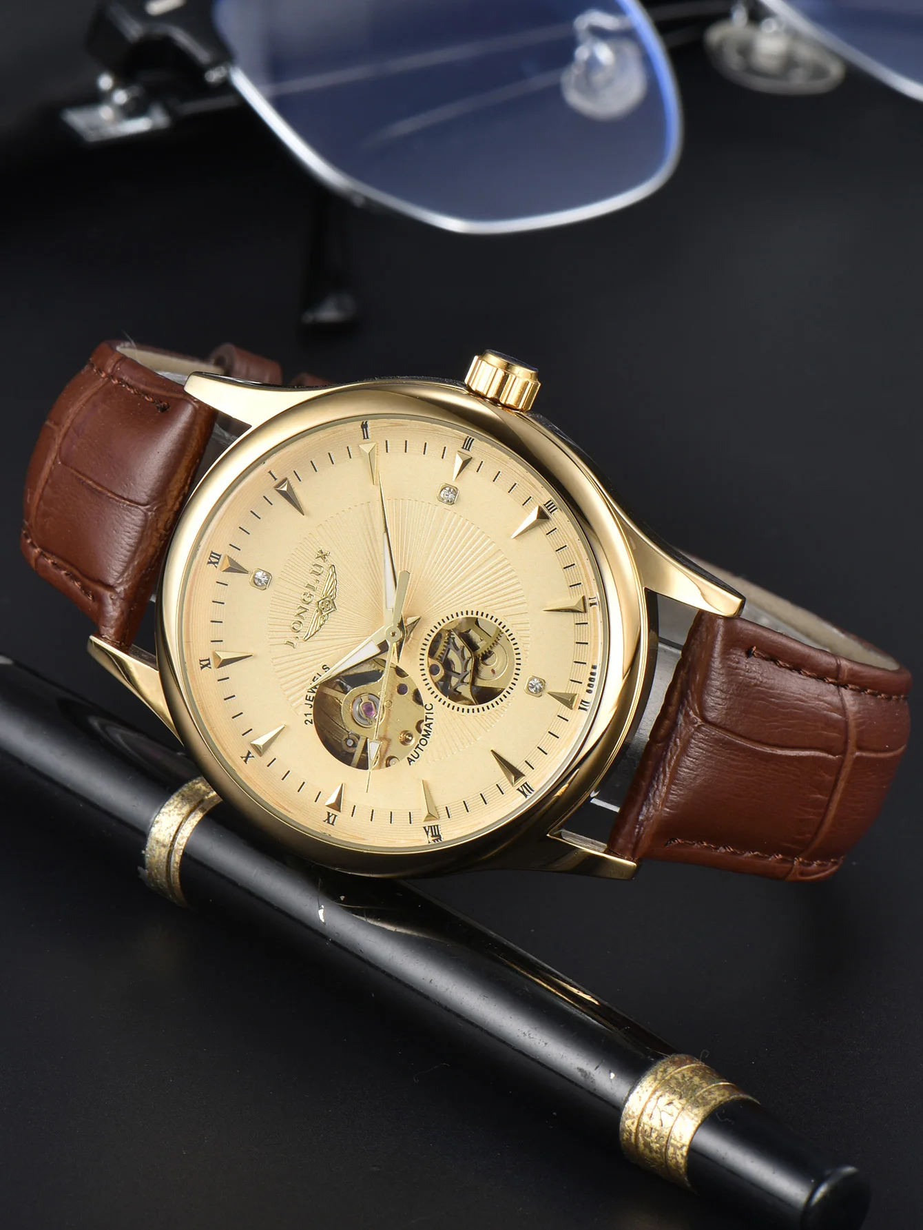 LONGLUX automatic watch elegant style wholesale mechanical wristwatches skeleton rome waterproof mens watch men gift