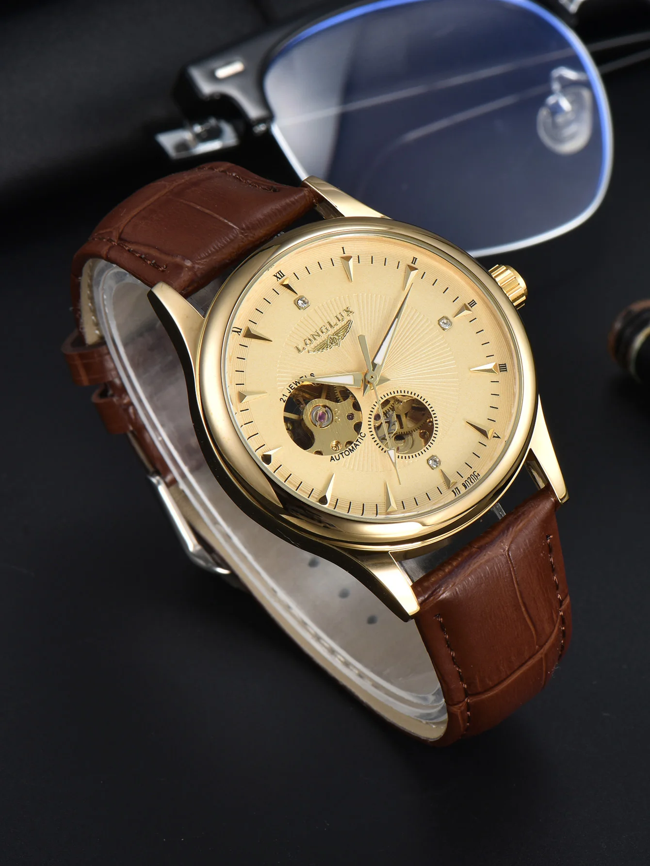 LONGLUX automatic watch elegant style wholesale mechanical wristwatches skeleton rome waterproof mens watch men gift