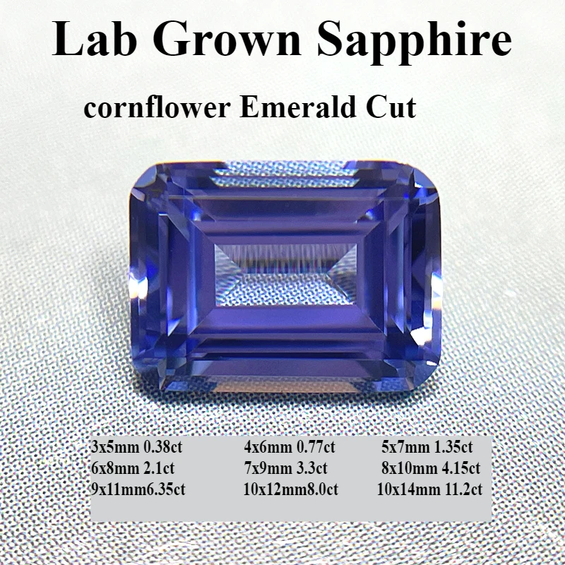 Lab Grown Sapphire Cornflower Color Emerald Cut Extremely Shiny Gemstone Beads for DIY Jewelry Selectable Certificate