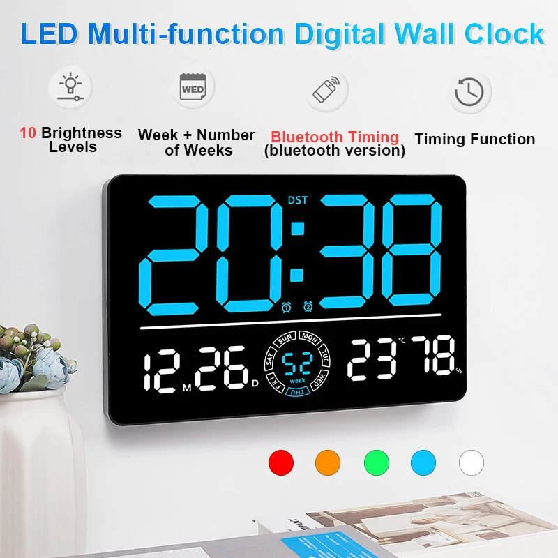 Large Digital Wall Clock 10 Brightness Adjustment Dual Alarm LED Clocks Week+Number of Weeks Alarm Clock with Timing Function